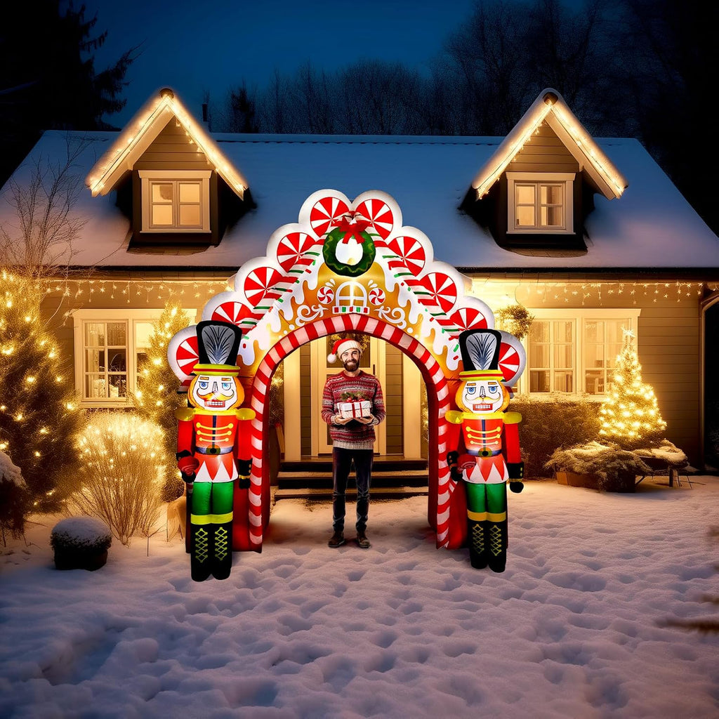 10 Ft Christmas Inflatable Gingerbread Candy House with Nutcrackers Outdoor Decorations, Giant Xmas Blow Up Yard