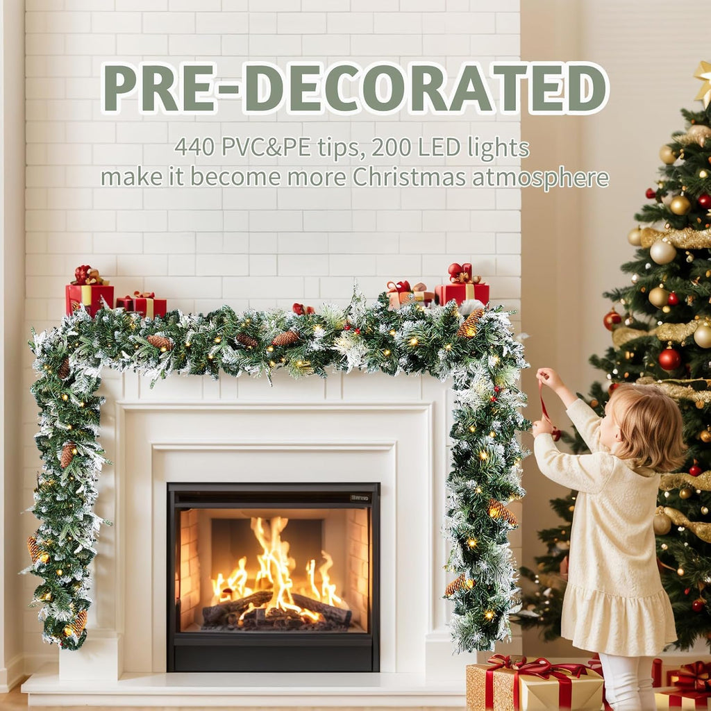 2 Pack 9 FT Snow Flocked Christmas Garland, 200 Warm Lights