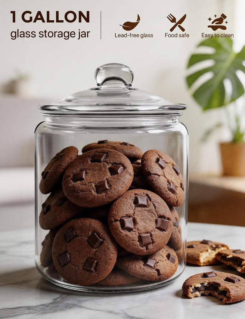 1-Gallon Cookie Jar with Wide Mouth, Glass Lid, and Silicone Seal
