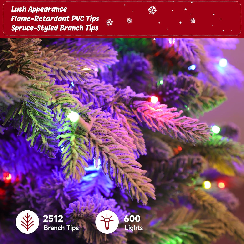 360° Rotating Snow Flocked Christmas Tree 9FT, Musical Prelit Christmas Tree with Remote Control, 600 LED Lights 8