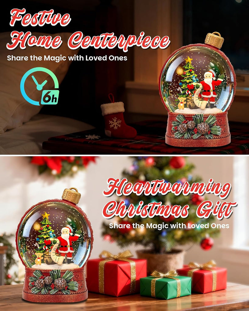 Christmas Santa Snow Globe Light up Lantern with 8 Songs, 6.69" Red Christmas Snow Globes for Kids Adults, 6H Timer &
