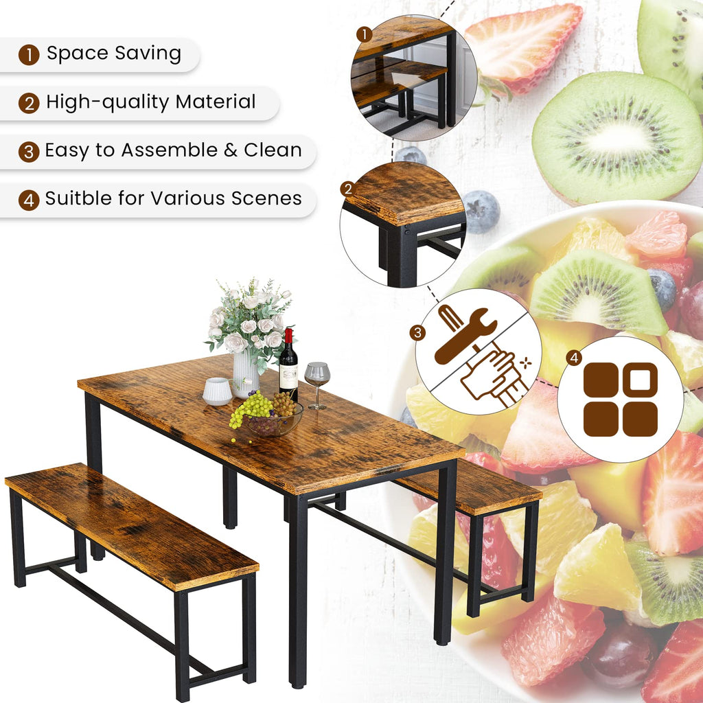 Dining Table Set for 4, Kitchen Table and Chairs for 4, Faux Marble Dining Room Table with 2 Benches, Space Saving