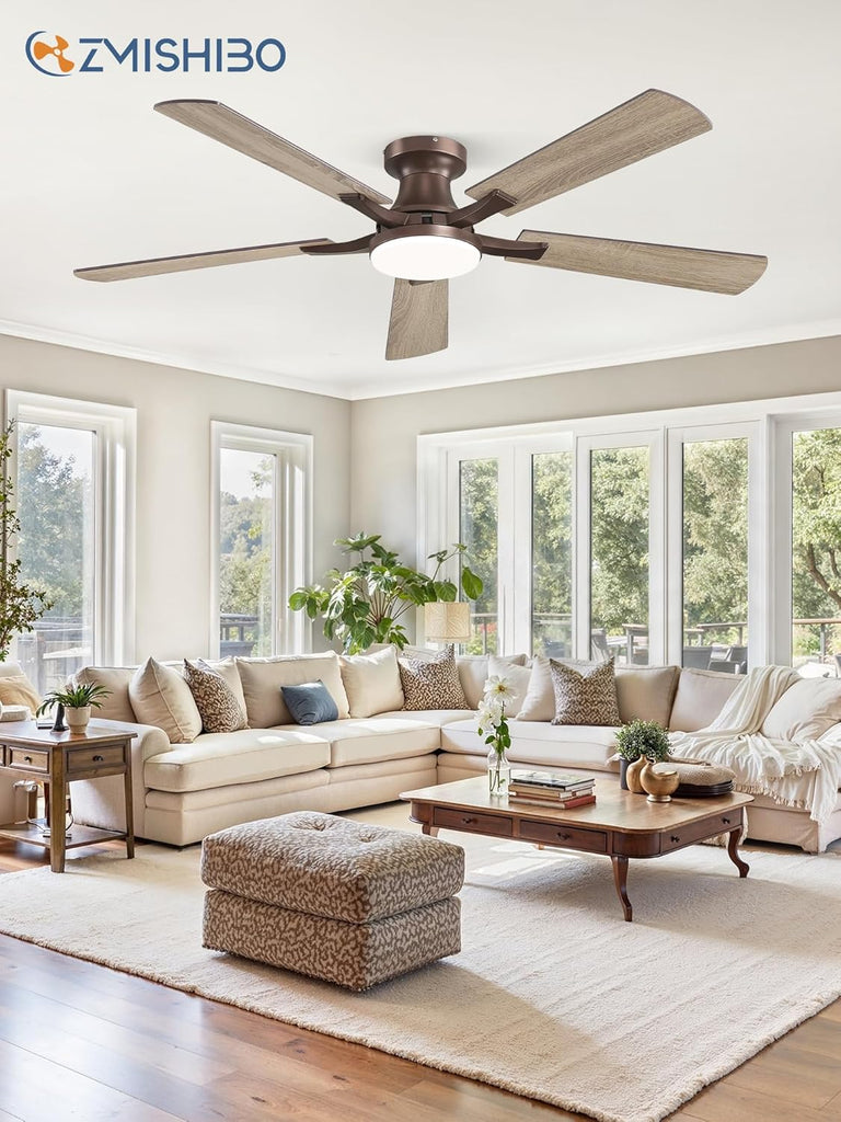 52 Inch Ceiling Fan with Light, App&Remote Control, Flush Mount Low Profile, Dimmable 20W LED Light, Quiet Reversible Motor for Bedroom, Living Room, Apartment, Brown A101-B0DPHBV4XB