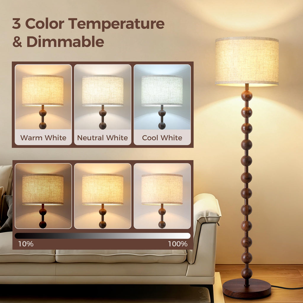 62" Farmhouse Floor Lamp with Remote, Dimmable Standing Lamp, Walnut Grain