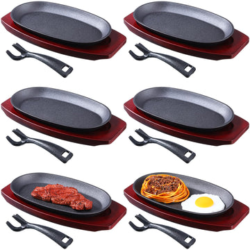 6 Pcs Oval Cast Iron Fajita Skillet Pan Set Small Sizzling Steak Plate with Wooden Base and Handle Cast Iron Fajita