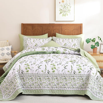 Floral Quilt Set King,Sage Green Bedspread Set with 2 Pillowcases, Microfiber Lightweight Flowers Botanical Coverlet