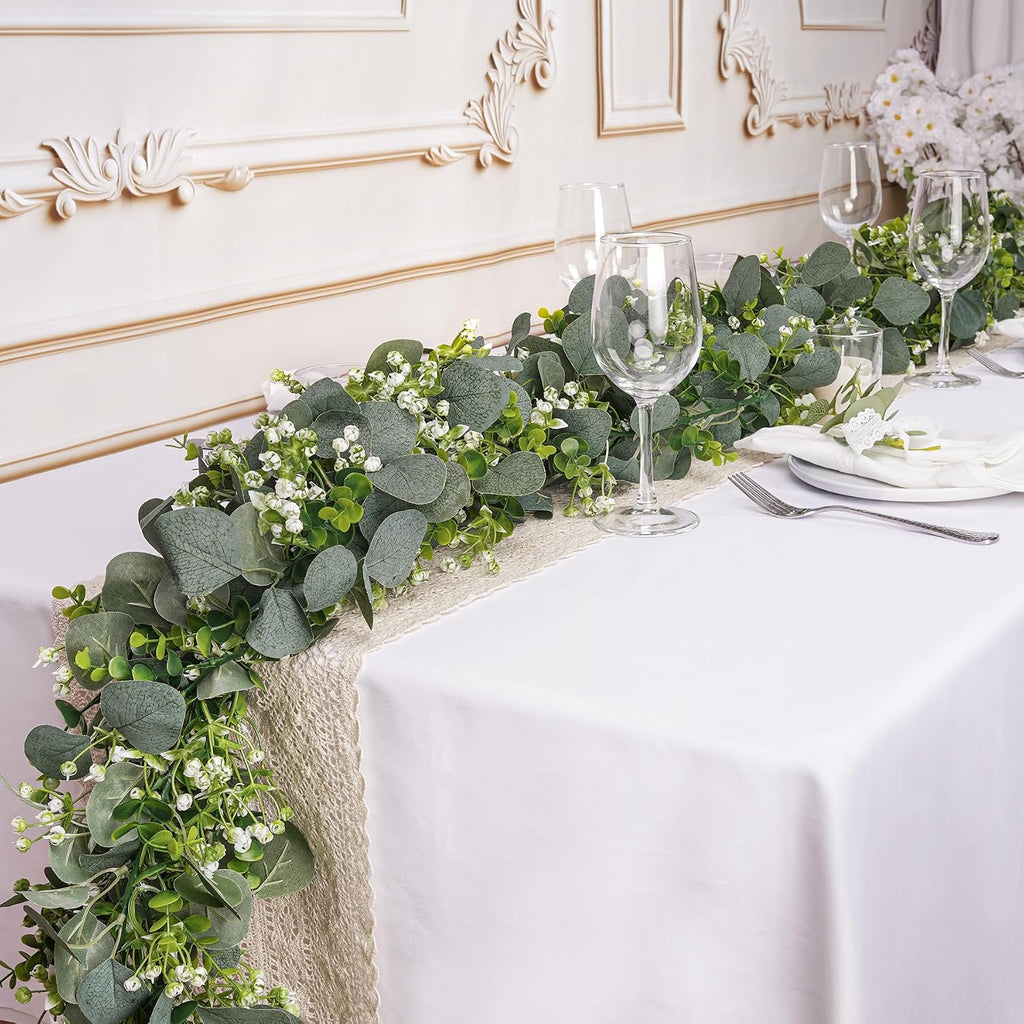 Artificial Eucalyptus Garland with White Flowers,5.9FT Greenery Garland Fake Vines Hanging Green Garlands - Set of 4