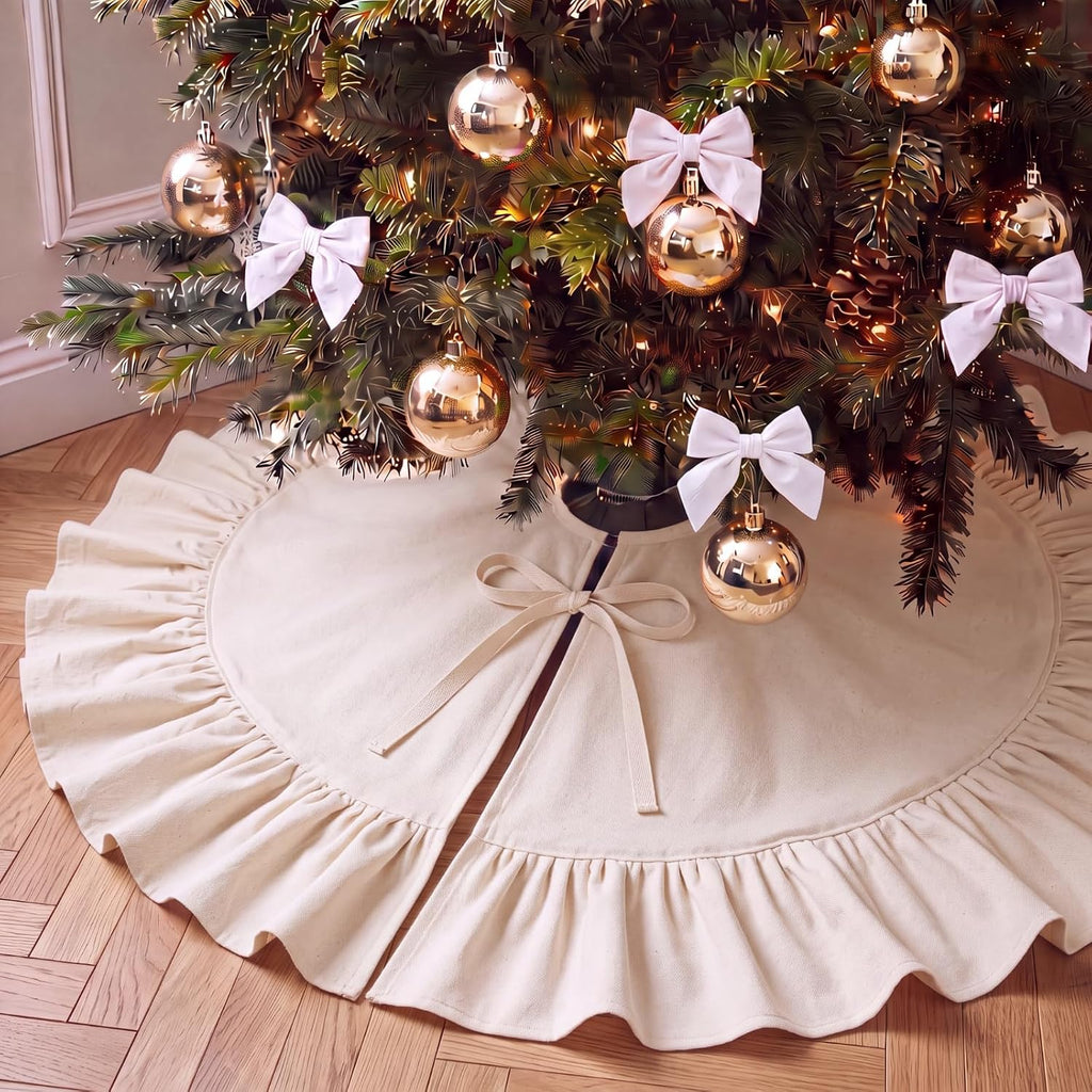 Christmas Tree Skirt with Ruffle Border and Ties 36 Inch Vintage Tree Skirt Decorations Rustic Farmhouse Scalloped