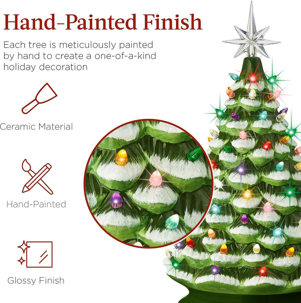18in Large Ceramic Christmas Tree, Pre-lit Hand-Painted Tabletop Frosted Holiday Decoration w/Power Cord, 2 Star, 93