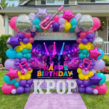 Purple pink teal kpop theme Balloon Arch Garland Kit with backdrop Musical symbols Disco Star mylar balloons for kpop