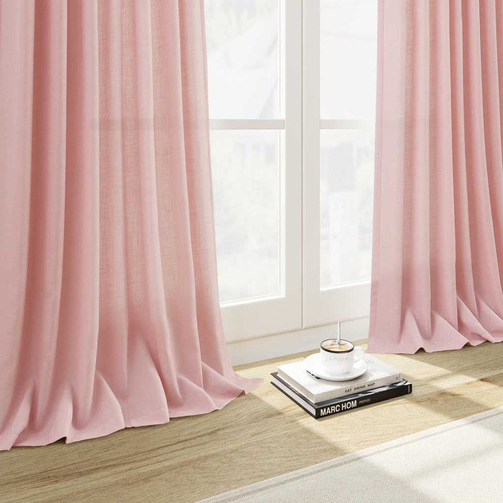 Pink Linen Curtains 96 Inches Long 2 Panels Set for Baby Girl Bedroom Back Tab Rod Pocket Semi Sheer Light Filtering