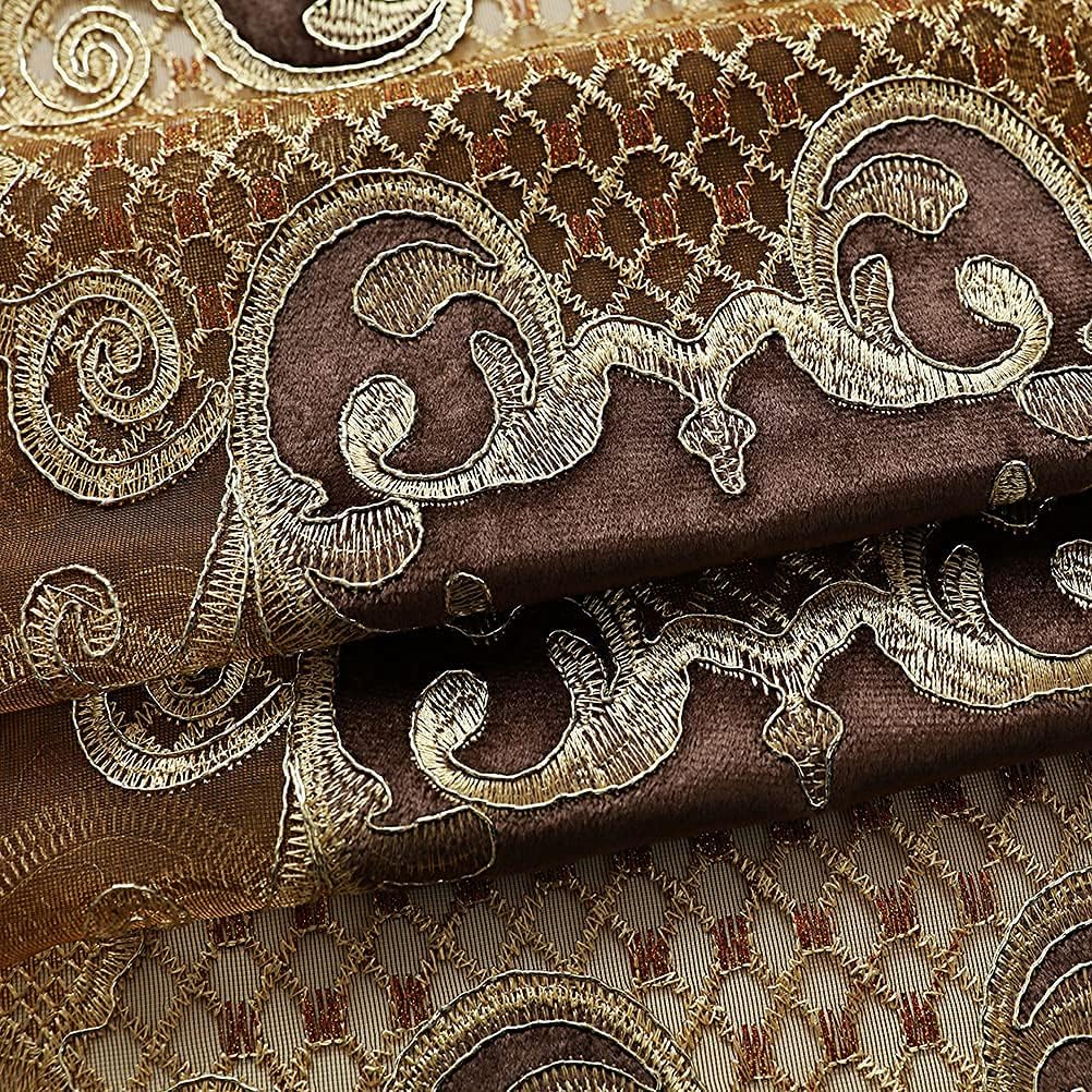 Luxury Embroidered Sheer Curtains for Living Room Chocolate Tulle Curtains for Bedroom with Velvet Embroidered