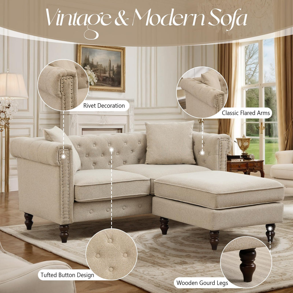 62" Chesterfield Linen Sofa, Vintage Small L Shaped Loveseat Couch