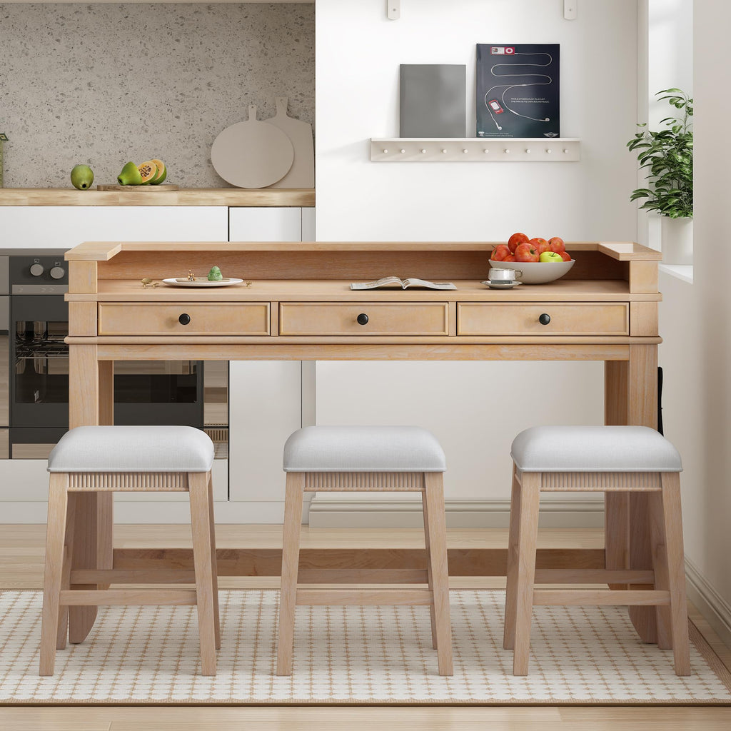4 Piece Dining Table Set for 3, Counter Height Bar Table with 3 Upholstered Stools, Table & Chair Sets with 3 Storage