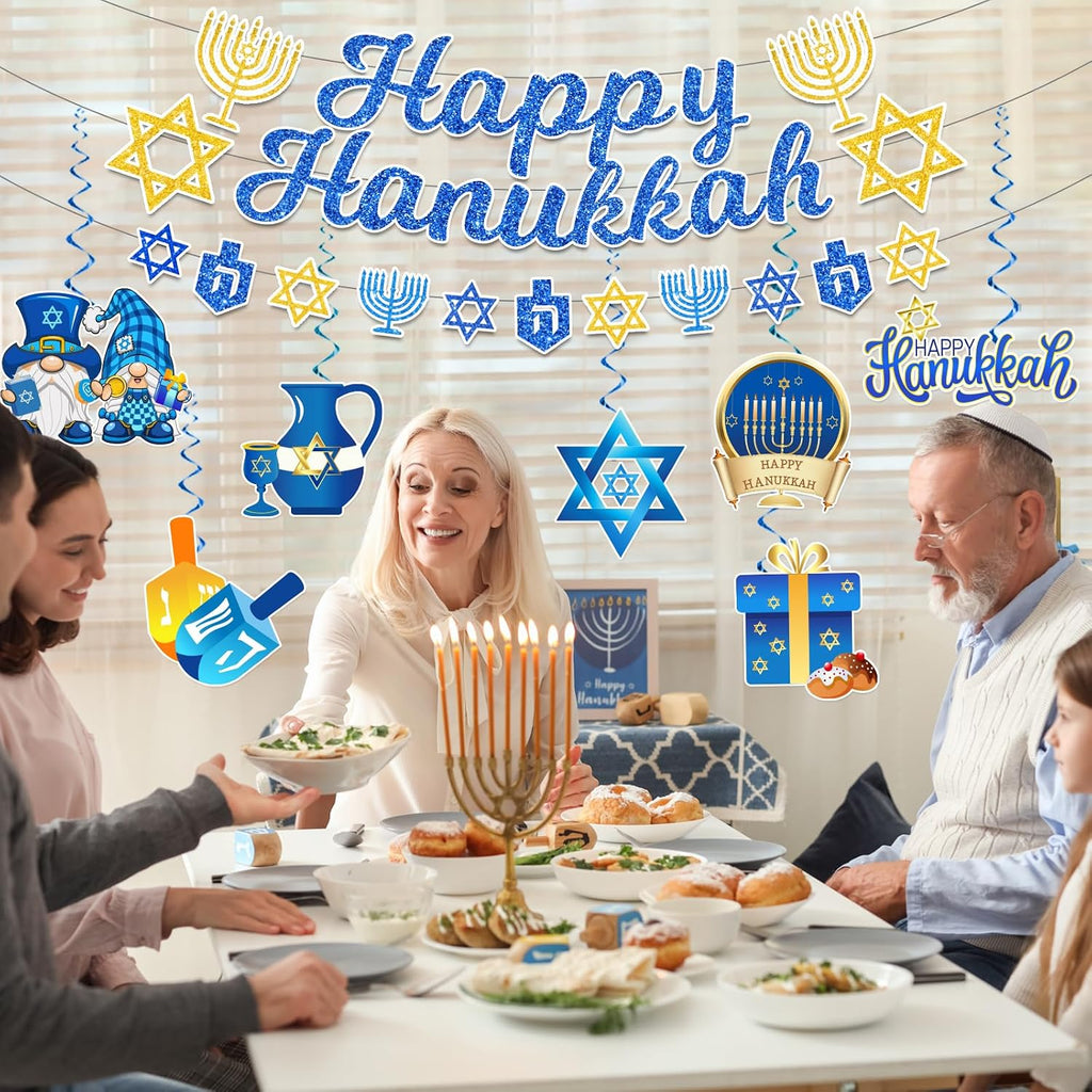 Hanukkah Decorations, Chanukah Party Decor includes Happy Hanukkah Banner Star of David Dreidel Garland and Hanging - Set of 15