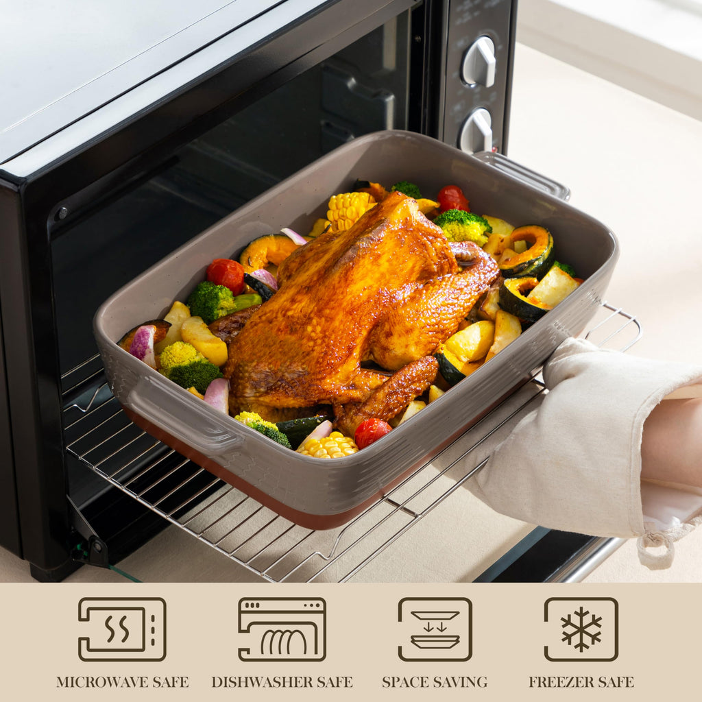 Large 9x13 Ceramic Baking Dish with Handles, 4.8 Qt, Khaki & Brown