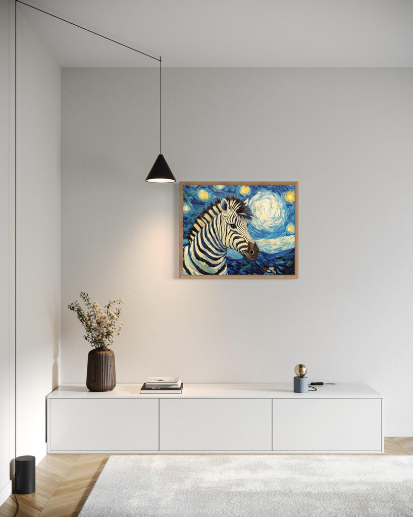 Zebra Wood Framed Art Print Poster, Animal Van Gogh Starry Night Nature Theme Wall art Painting Decor, Art Home