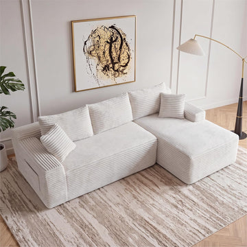 94.5" L Shaped Boneless Sectional Corduroy Couches (White)