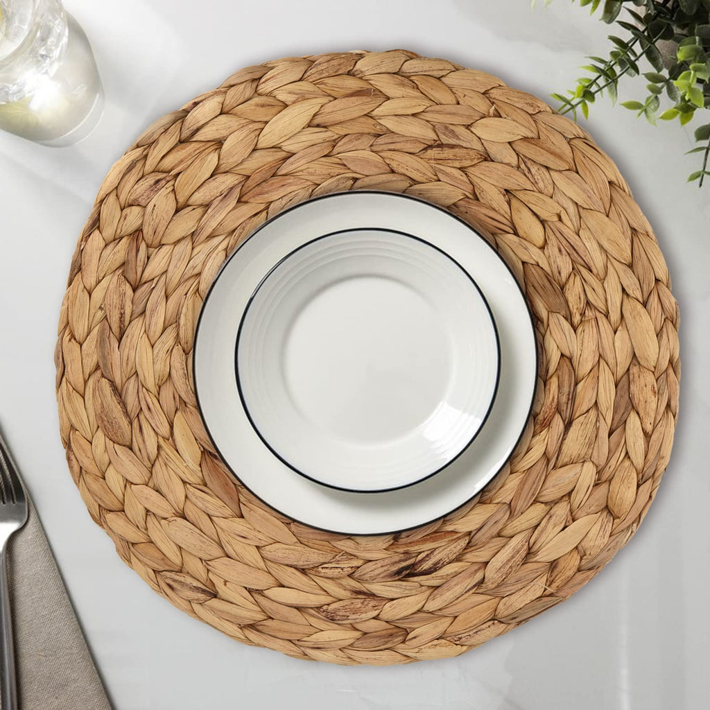 Set of 8 Water Hyacinth Braided Placemat, 13 Inch Round Placemats Rattan Placemats, Natural Wicker Seagrass Rattan