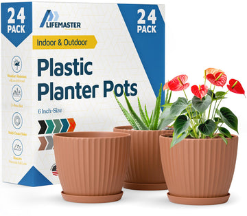 Terracotta 6-Inch Plant Pots with Drainage & Saucers 24 Pack, Indoor & Outdoor Planters plants, Herbs, and Flowers