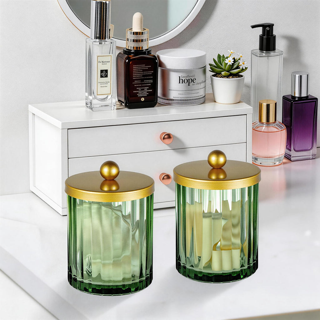 Green Glass Qtip Holder Dispenser, Bathroom Canister, Gold 4 Pack