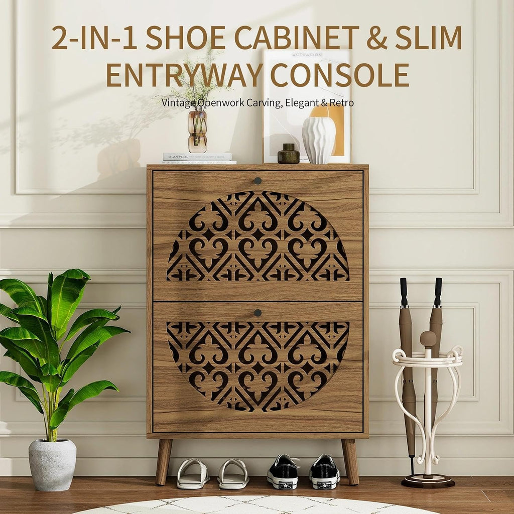 6.7" Ultra-Slim Shoe Cabinet with 2 Flip Drawers, Walnut | Heart-Shaped Hollow-Carved Entryway Organizer for Heels &