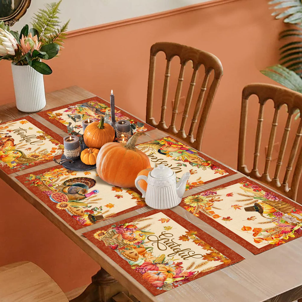 Thanksgiving Placemats Set of 6, Turkey Holiday Placemats Set of 6 12x18 Inch for Dining Table, Thanksgiving Place