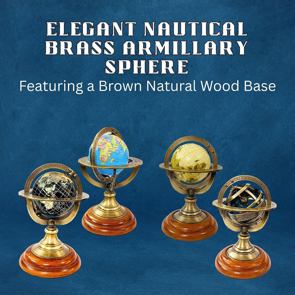 5.10" Nautical Brass Armillary Sphere World Globe with Aqua Blue Map, Brown Wooden Base - Elegant, Durable Decor or