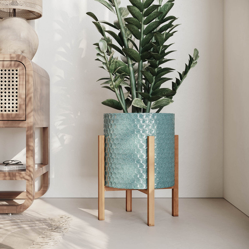 Mid-Century Modern Rhys Honeycomb Embossed Planter Pot with Kinsley Wood Stand, Metal Indoor Plant Pots, Blue Green