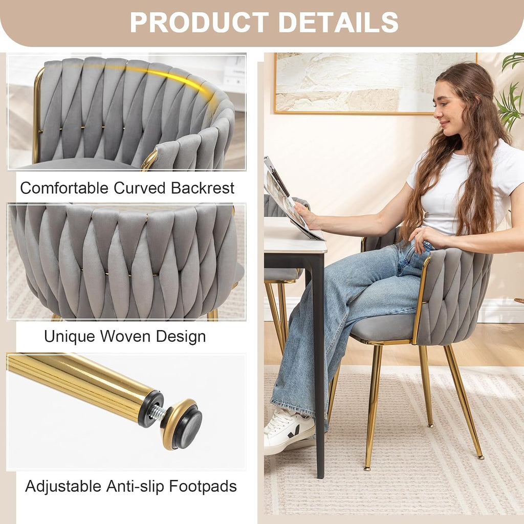 Grey Velvet Dining Chairs Set of 4, Modern Upholstered Dining Room Chairs with Gold Metal Legs, Luxury Barrel Dining