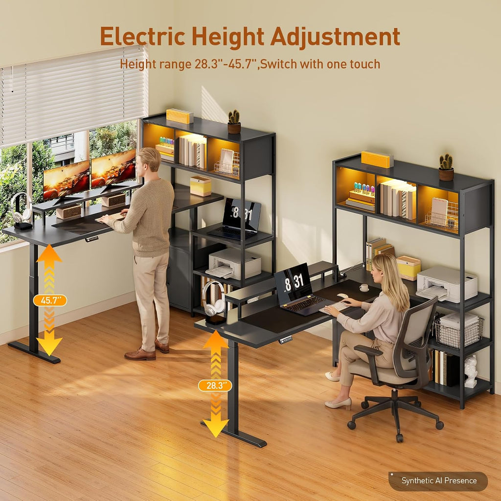 55'' L Shaped Standing Desk, Sit Stand Desk with Storage Hutch | Stand Up Corner Gaming Desk with Shelves, Cabinet