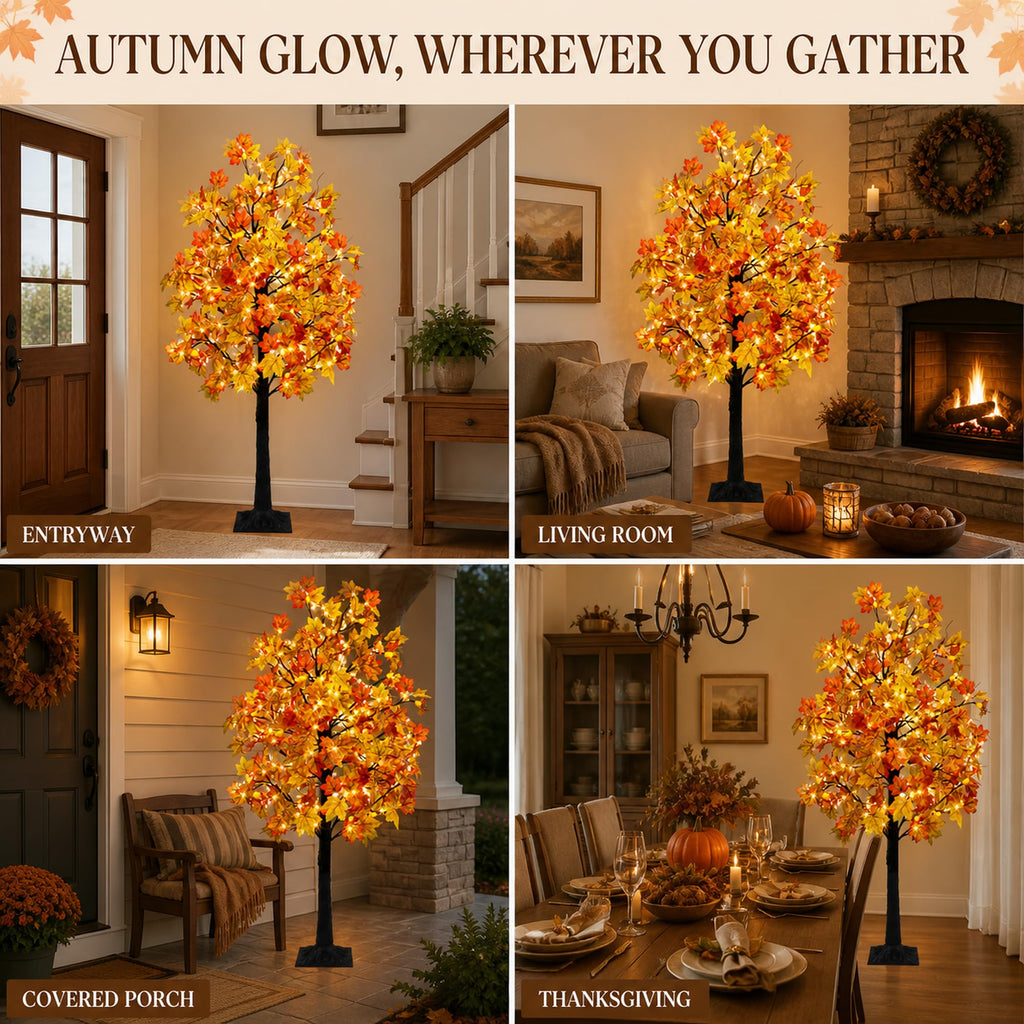 8 FT Fall Lighted Maple Trees, Artificial Fall Tree for Thanksgiving Decor