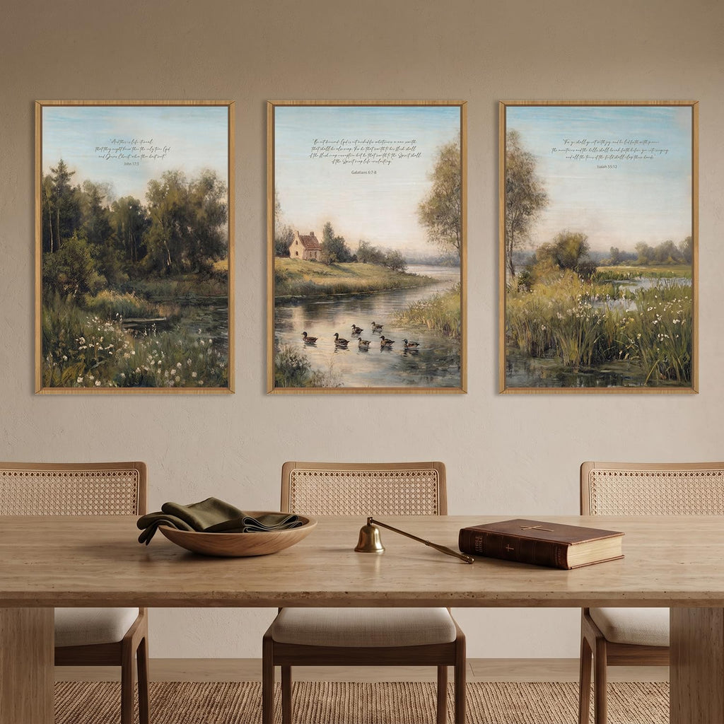 John 17:3 and This is Life Eternal Framed Canvas Wall Art Set, Vintage Sage Green Bible Verse Landscape Wall Decor