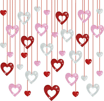 Valentine's Day Decorations, Glitter Heart Hanging Swirls - Set of 36