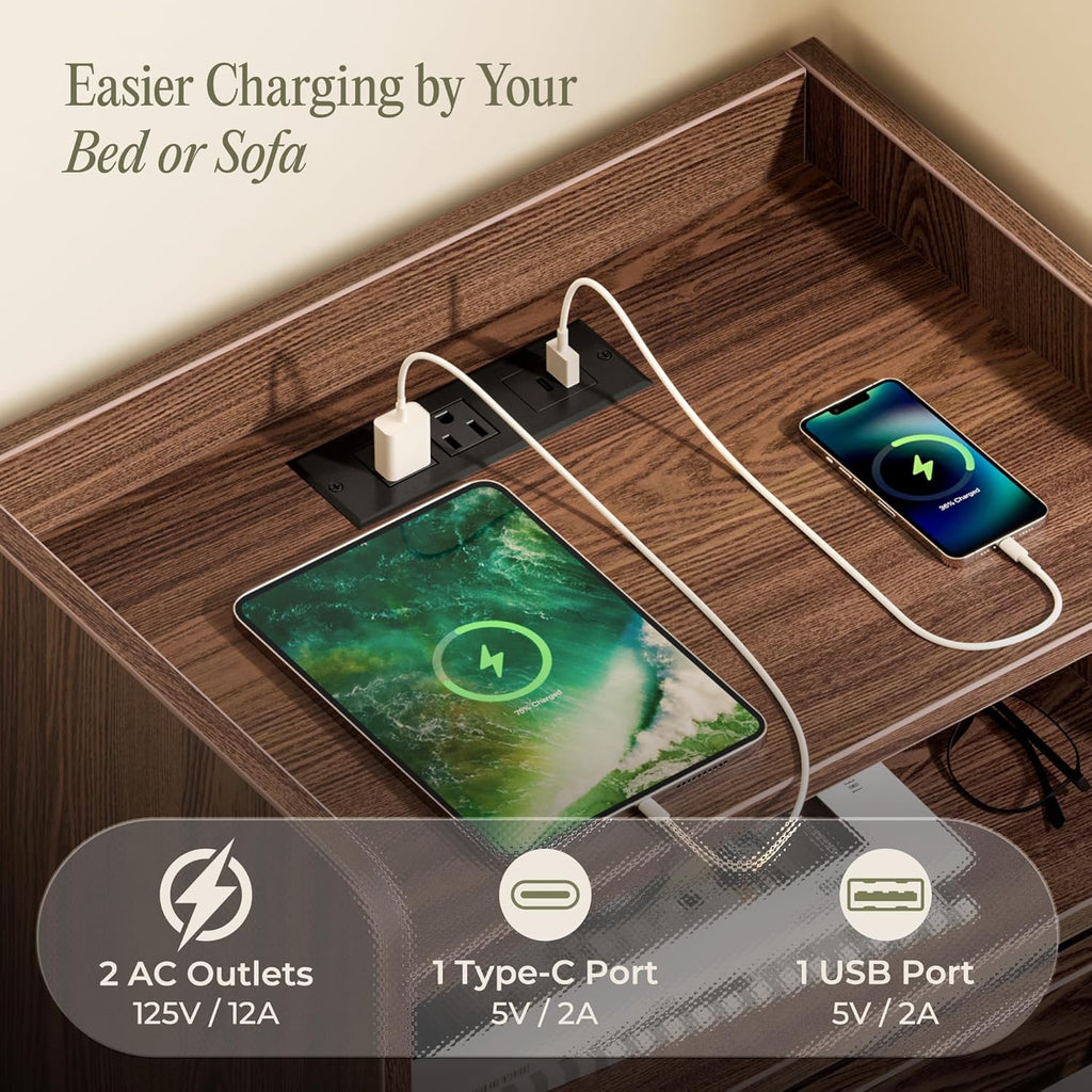 Nightstand with Charging Station, USB-C Port, Fluted Night Stand with Drawer, Bed Side Table with Solid Wood Feet