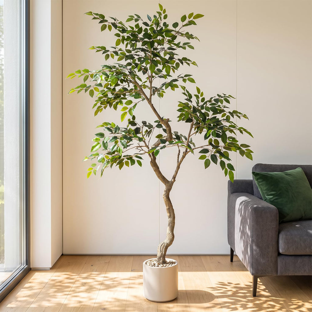 Ficus Tree Artificial 6FT, Hand-Painted Trunk Tall Fake Plant with Planter