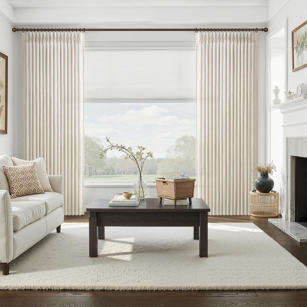 Pinch Pleated Linen Viral Curtains 4 Panels Set for Living Room 96 Inches Long, Birch Memory Trained Pleat Light