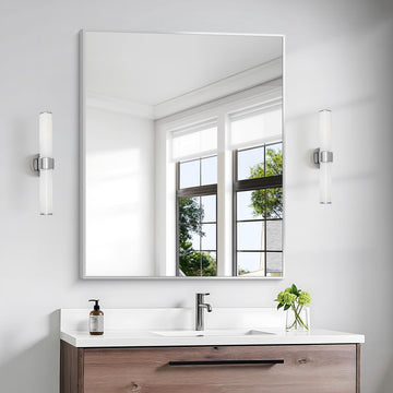 Silver Bathroom Mirror, 30x36 inch Wall Mirror Wall Mounted, Rectangle Mirror Over Sink, Modern Metal Frame