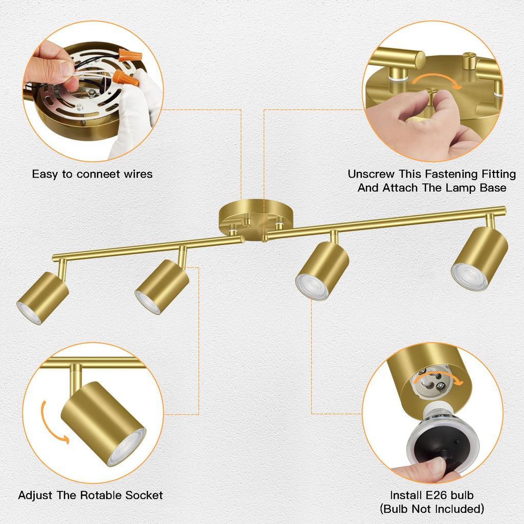 Gold LED 4 Light Track Lighting Kit, 4 Way Ceiling Spot Lighting, Flexibly Rotatable Light Head, Bulb Not Included