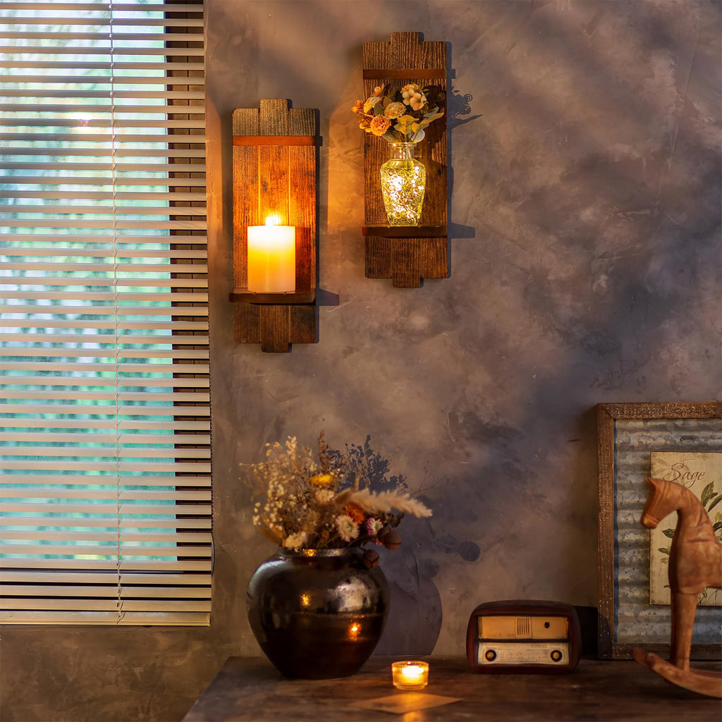 Wood Wall Candle Sconces Set of 2, Distressed Brown