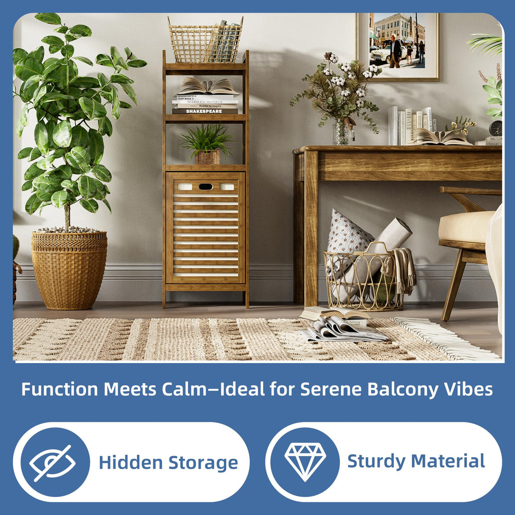 Bamboo Tilt Out Laundry Hamper, Bathroom Storage Cabinet with Hidden Removable Basket and 3 Open Shelves, Space
