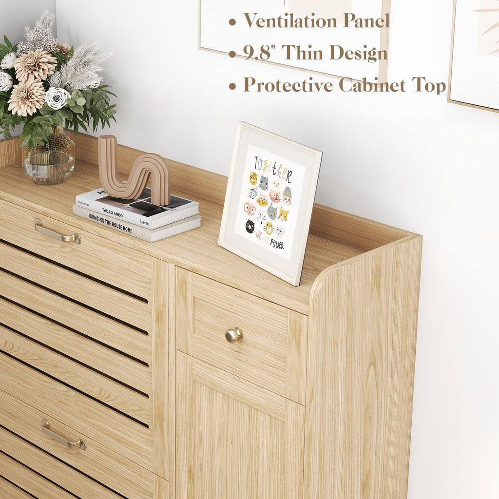Boho Narrow Shoe Cabinet Storage, Natural Oak Hidden Shoe Rack