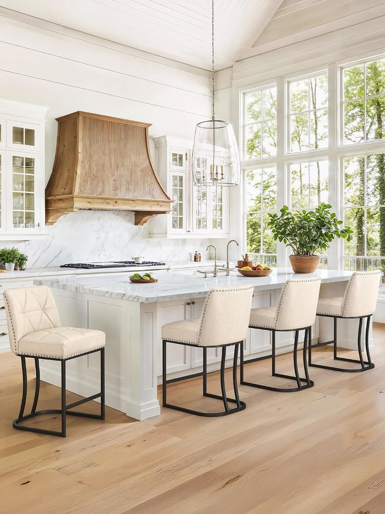 24" Bar Stools Set, Counter Height Bar Stools with 5.5" Thick Cushion, Upholstered Leather Barstools with Metal