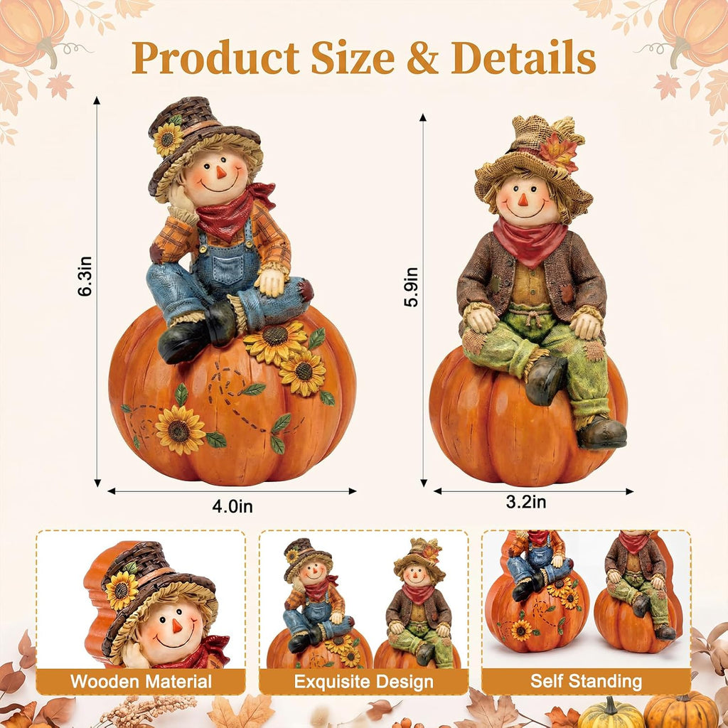 Fall Scarecrows Figurines Wooden Thanksgiving Table Decor - Set of 2