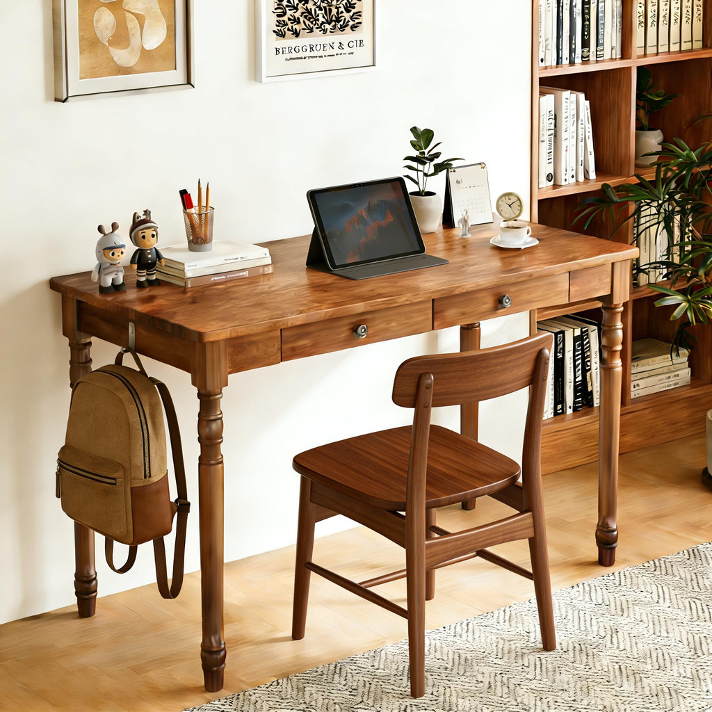 100% Solid Wooden Desk with Drawers - 47.2" Mid Century Modern Desk with 2 Hooks, Vintage Writing Desk with Drawers