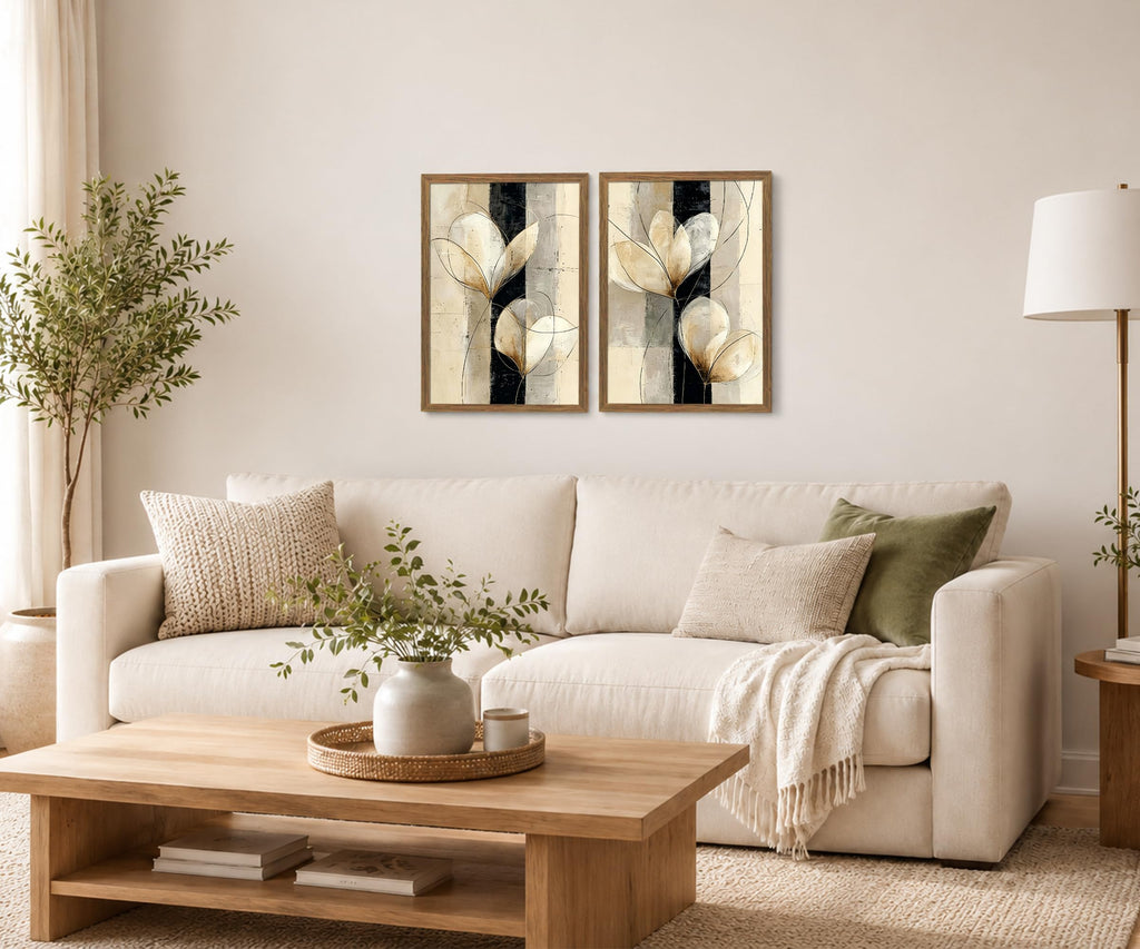Framed Modern Neutral Black White Abstract Floral Canvas Wall Art Set of 2