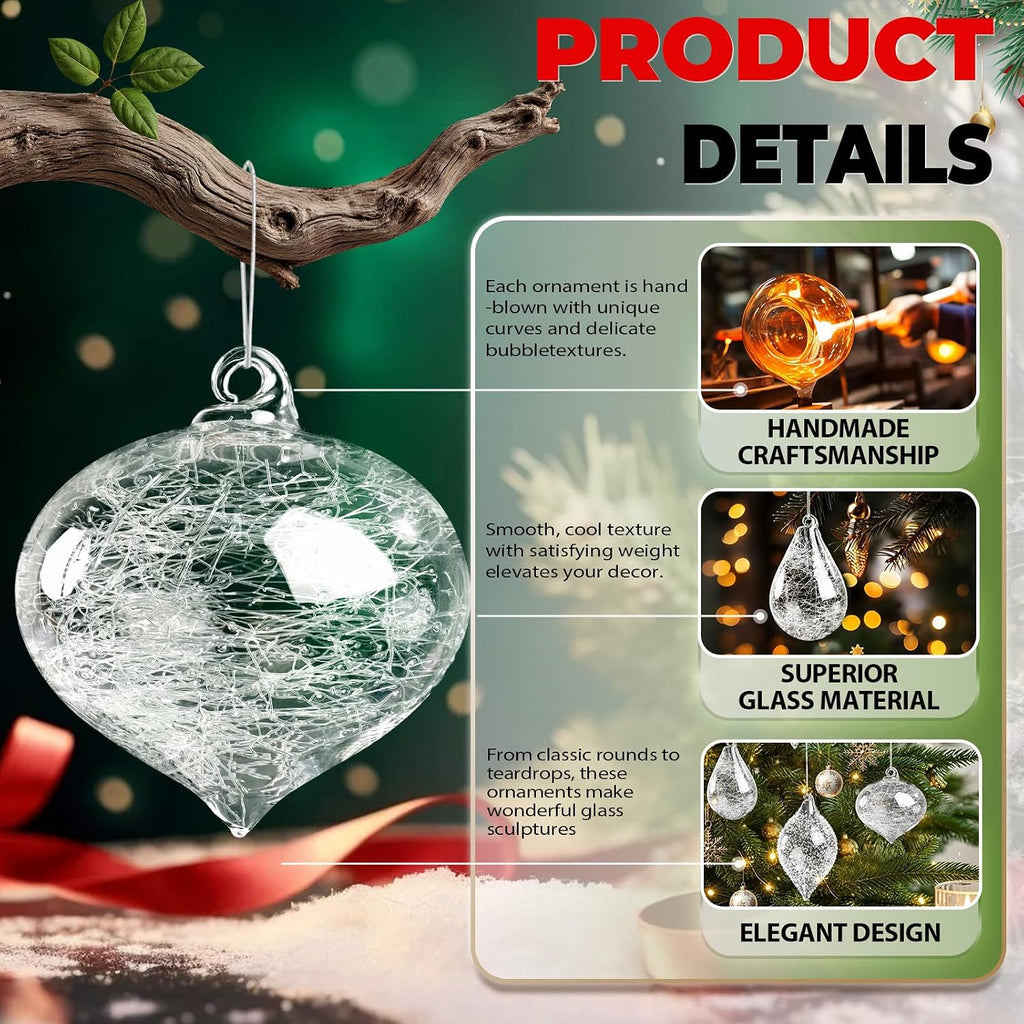 Clear Glass Christmas Ornaments,12-Pc Hand Blown Crystal Ball Decorations - Set of 12