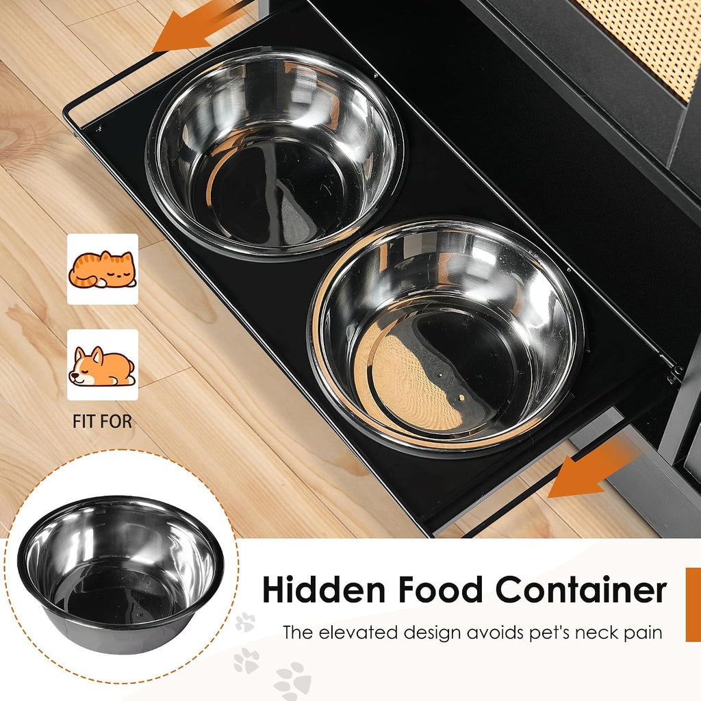 Dog Feeding Station with Rattan Storage Cabinet, Pet Feeder Cabinet with 2 Elevated Dog Bowls & Side Hooks, Pet Food