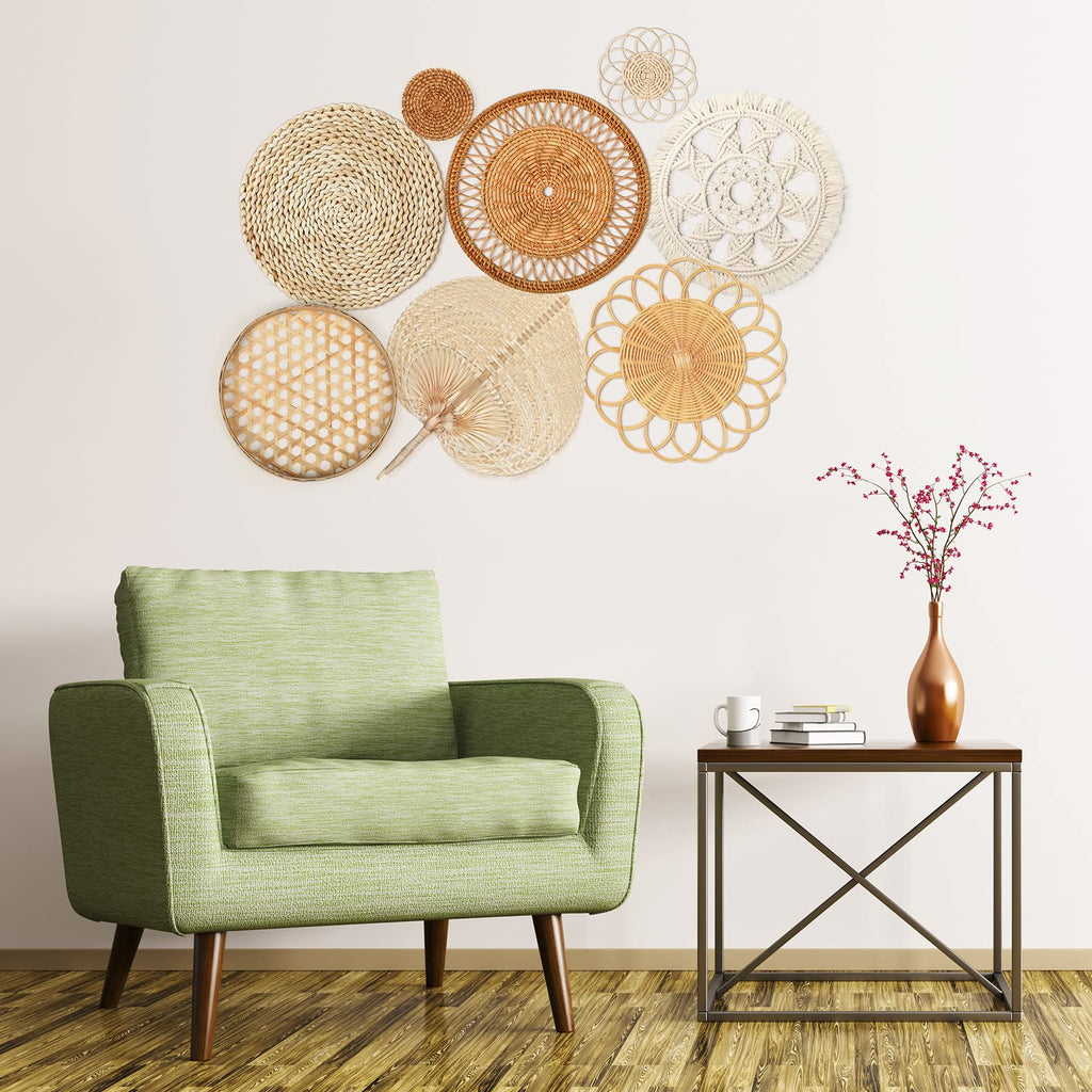 8 Set Boho Wall Basket Decor Woven Rattan Flat Baskets