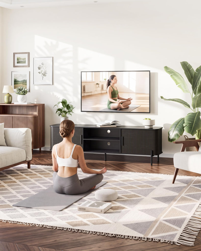 70" Mid-Century Fluted TV Stand with Storage up to 80 Inch, Black